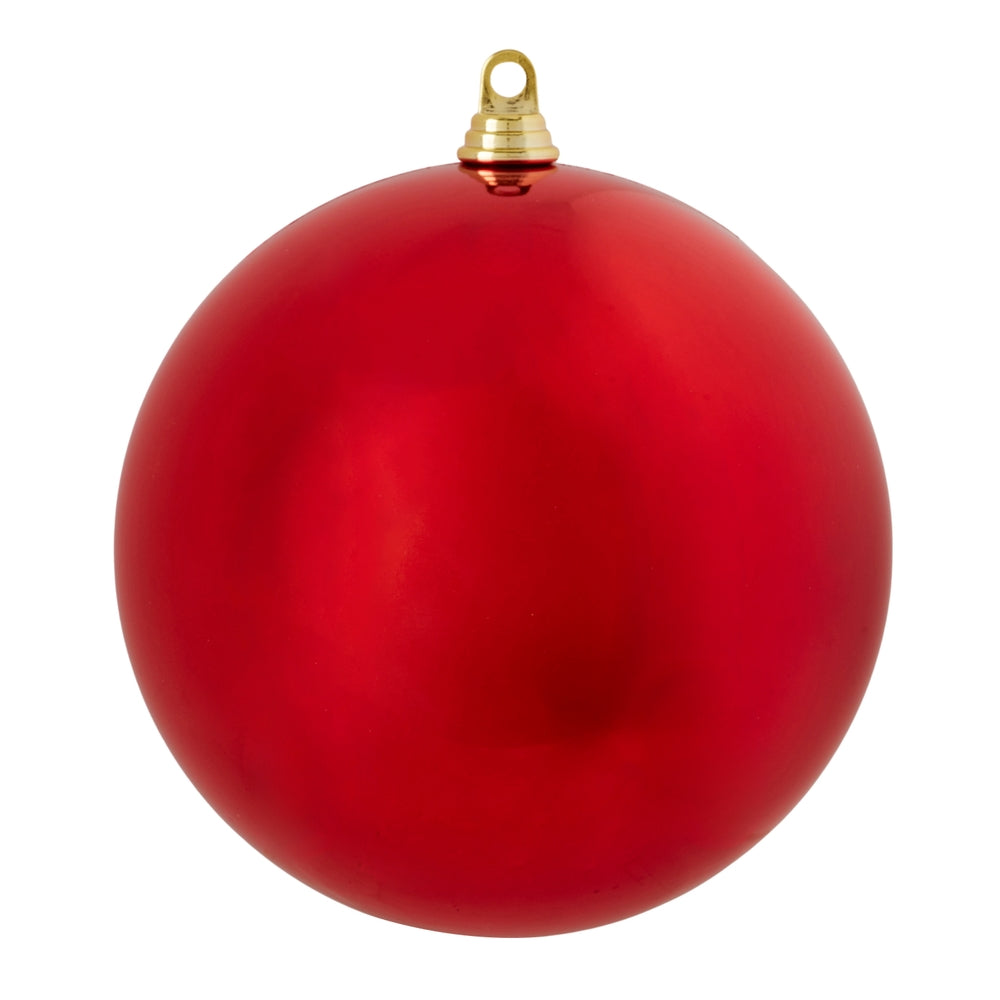 Ten-inch shiny red plastic ball ornament with a smooth spherical shape.