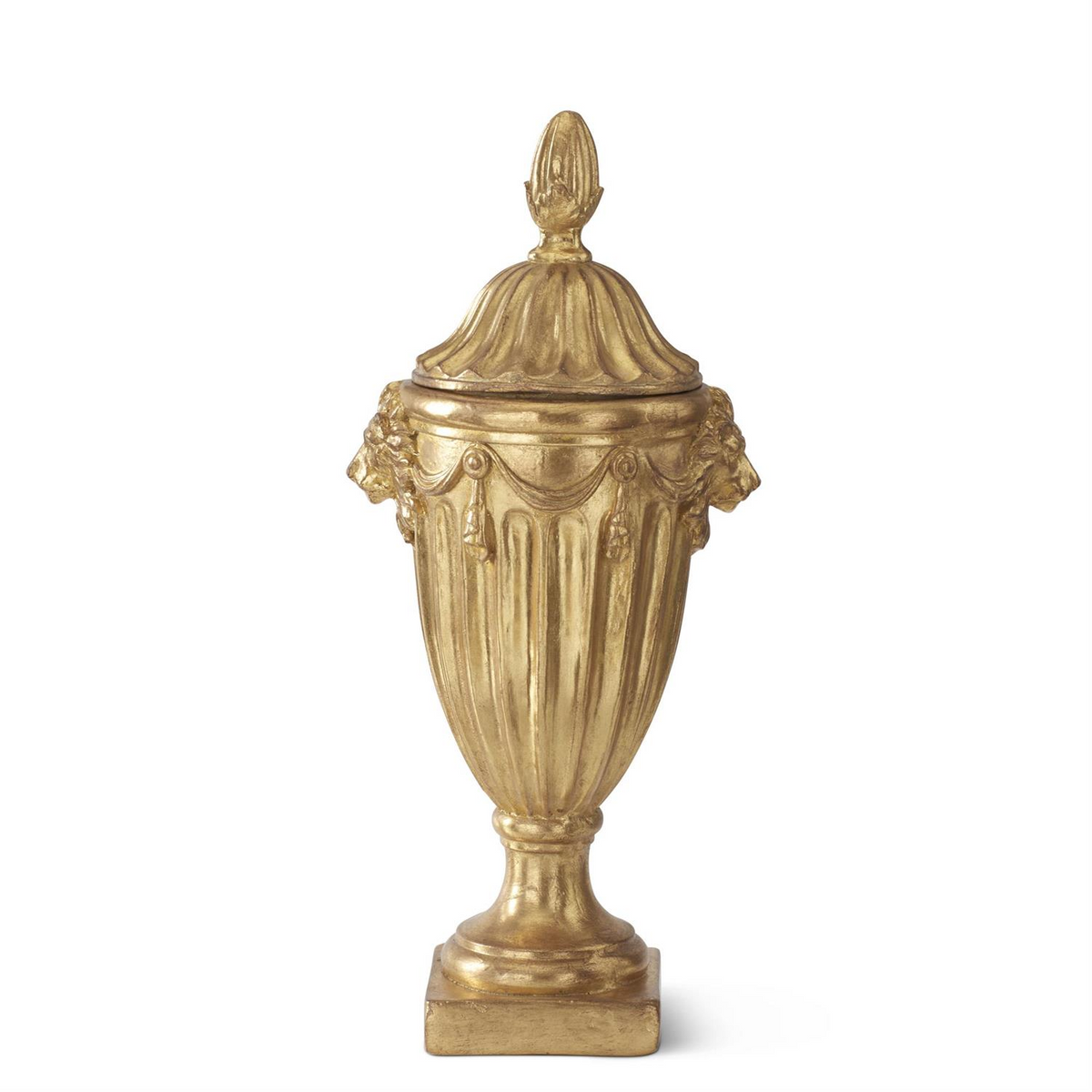 23.5 inch gold lidded urn featuring lion head accents, draped garlands, and a fluted body.