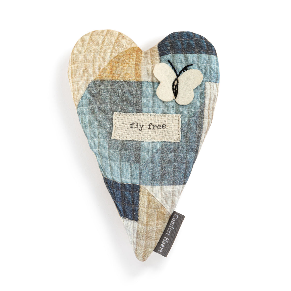 Comfort Heart plush toy with a heart-shaped silhouette made of cotton fabric filled with polyester fiberfill and beads.
