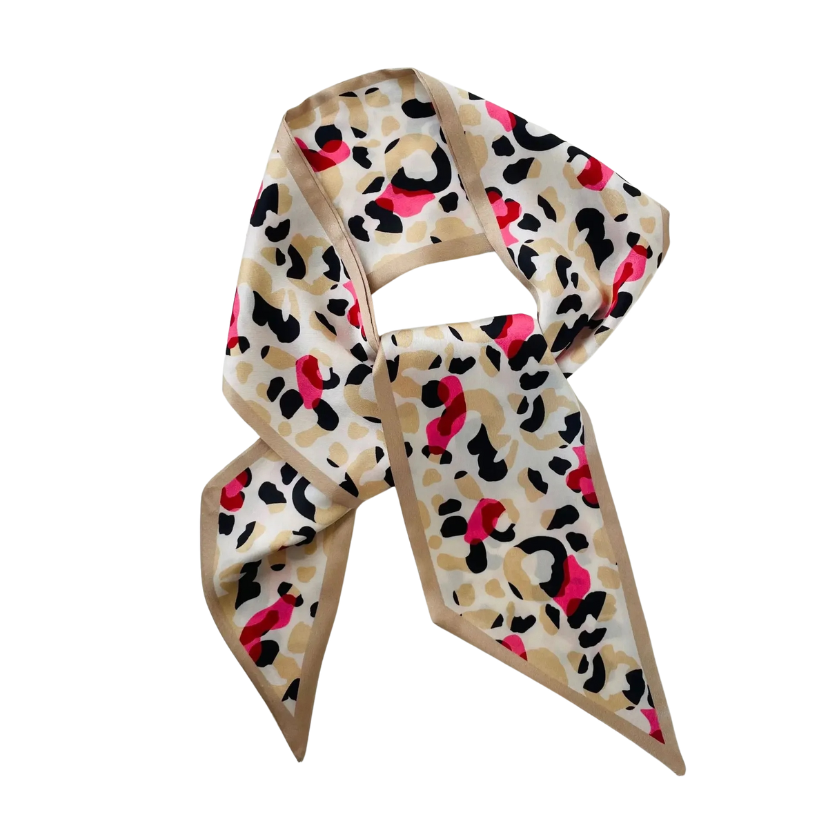 Polyester silk-like twilly scarf wrap in a gentle color palette with a soft silhouette.