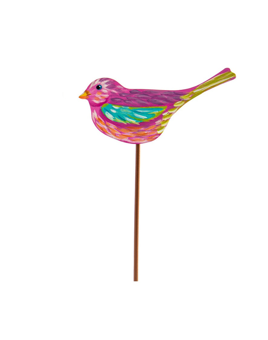Colorful painted bird stake with pink, orange, green, and yellow accents.