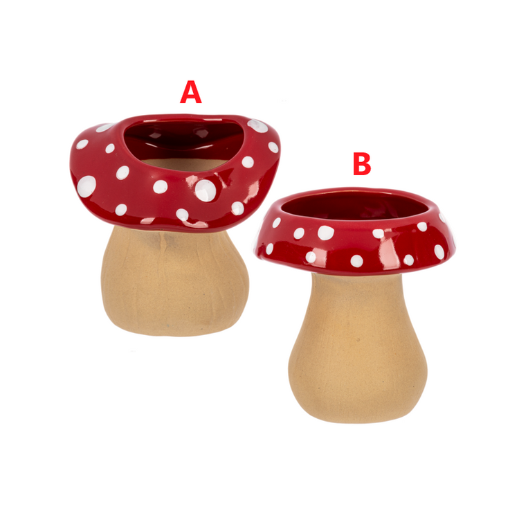 Multi-colored mushroom-shaped planter with dimensions 4-3/8 inches wide and deep.