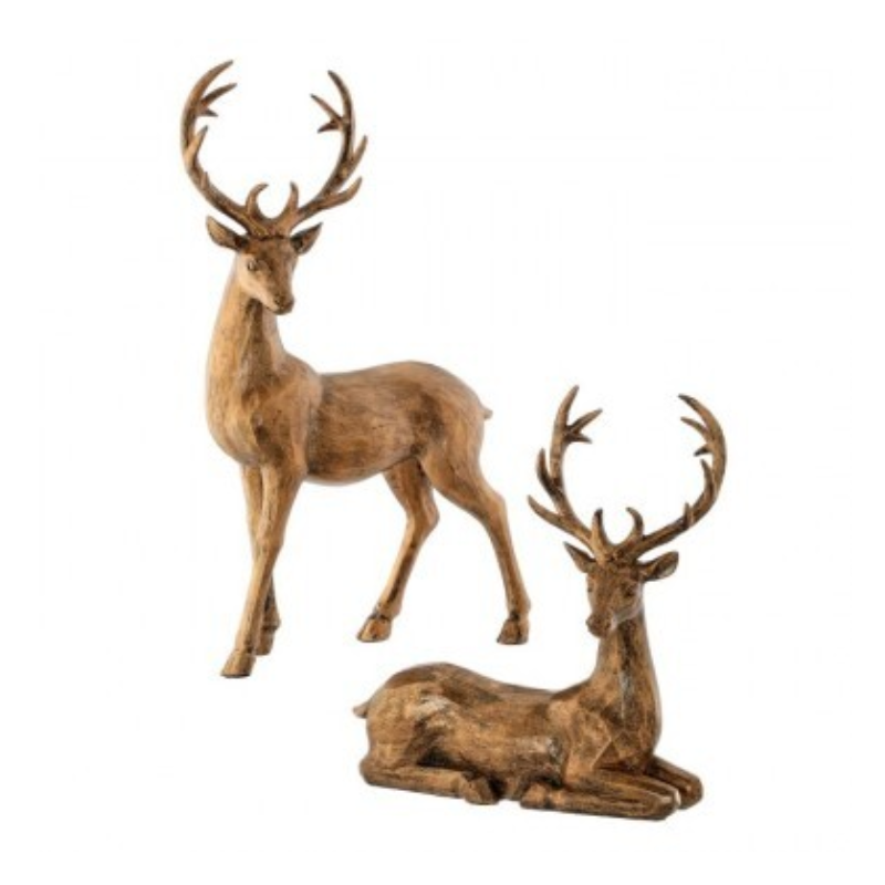 Two sculpted resin Highland deer figurines in a rustic wood-like finish, one standing and one sitting.