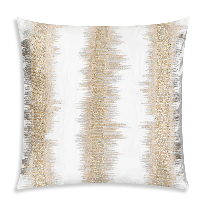 Ivory velvet square pillow with three vertical stripes of gold metallic embroidery and beadwork.