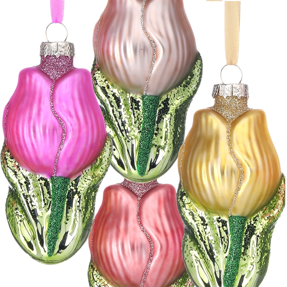 Four-inch glass tulip ornament with vibrant colors in a delicate floral silhouette.