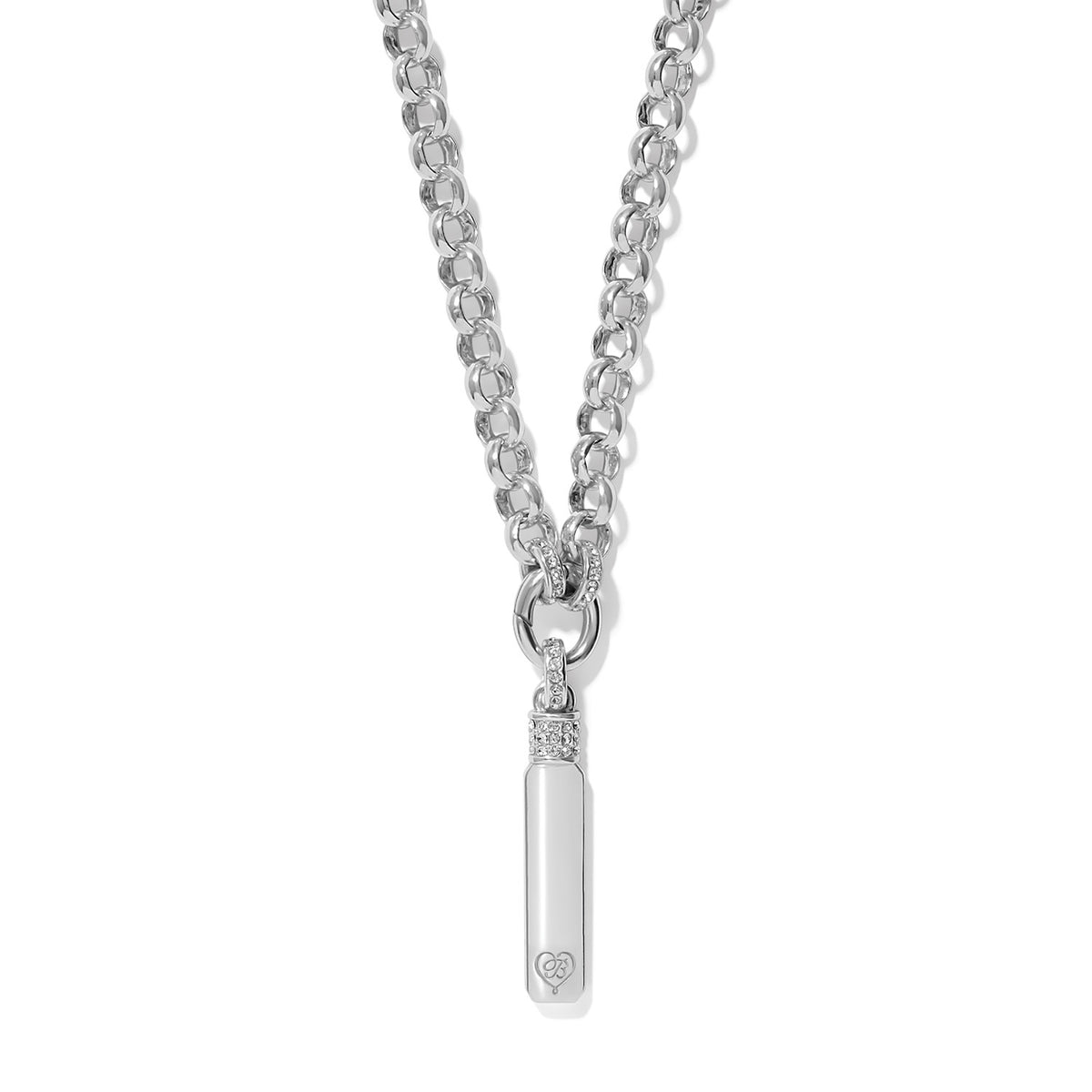 Silver plated Meridian Storycatcher Necklace with a cylindrical pendant and heart detail.