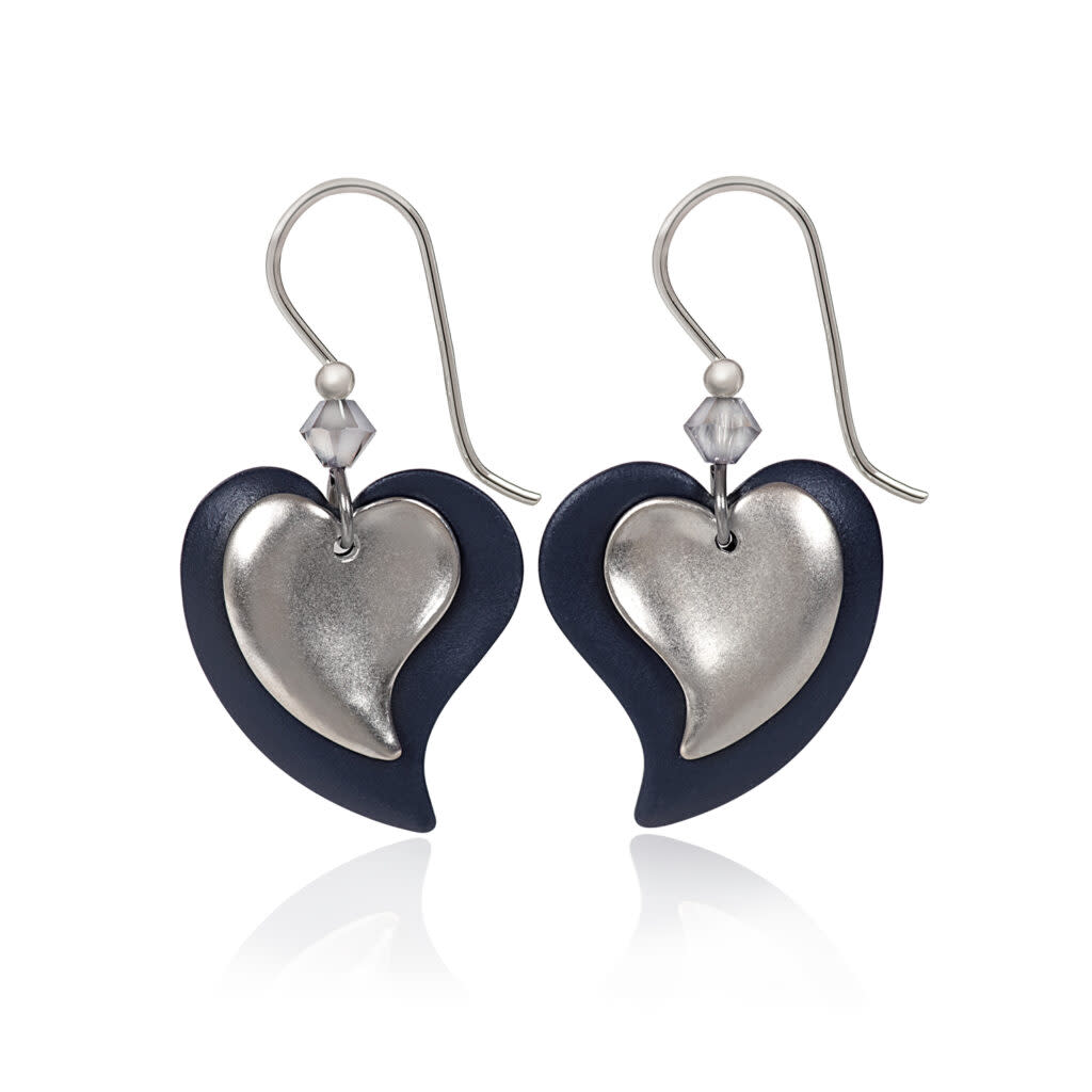 Layered Modern Hearts Earrings with silver-tone and black heart drops and crystal accents.