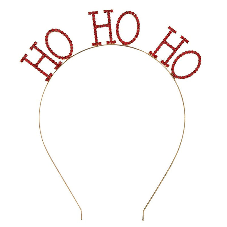 Red HO HO HO headband with rhinestone letters on a durable metal band.