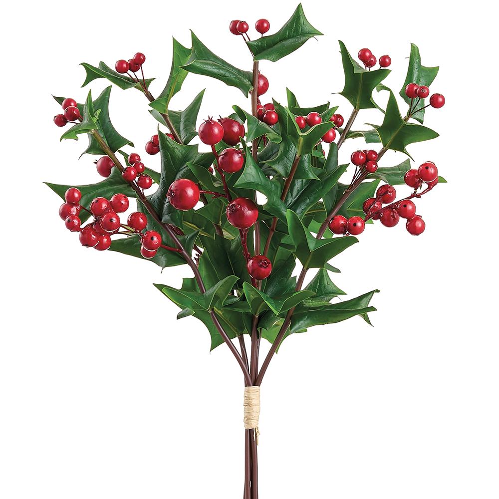 17-inch artificial holly bundle with green pointed leaves and clusters of bright red berries.