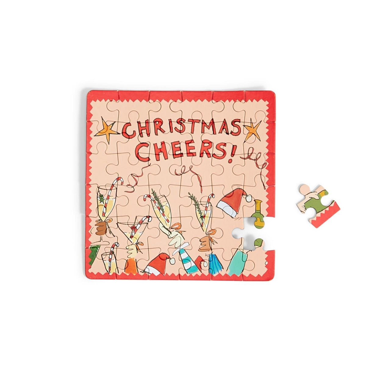 Holiday Greeting puzzle in a tin can featuring cheerful holiday ornaments on a festive background.