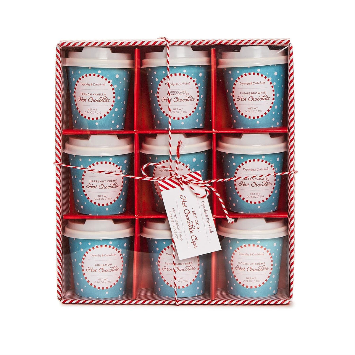 Holiday Hot Cocoa Set in gift box containing nine cups with marshmallows