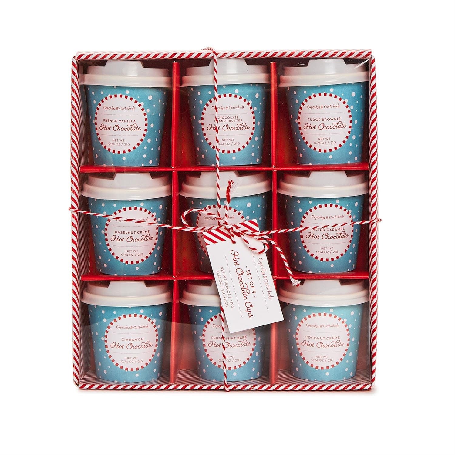 Holiday Hot Cocoa Set in gift box containing nine cups with marshmallows
