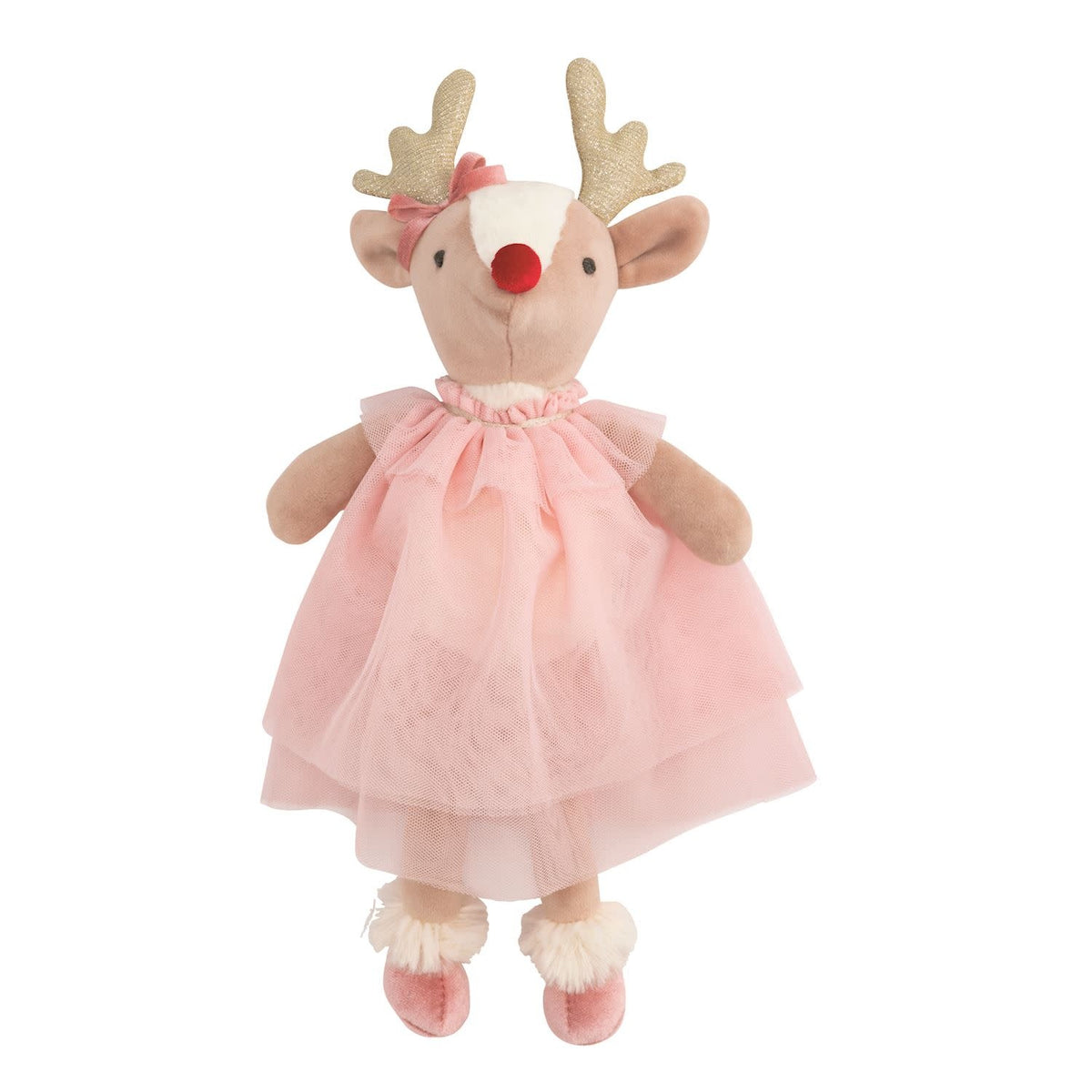 Holiday Plush Pals reindeer with faux fur body, minky plush face, weighted seat base in cotton rope basket.