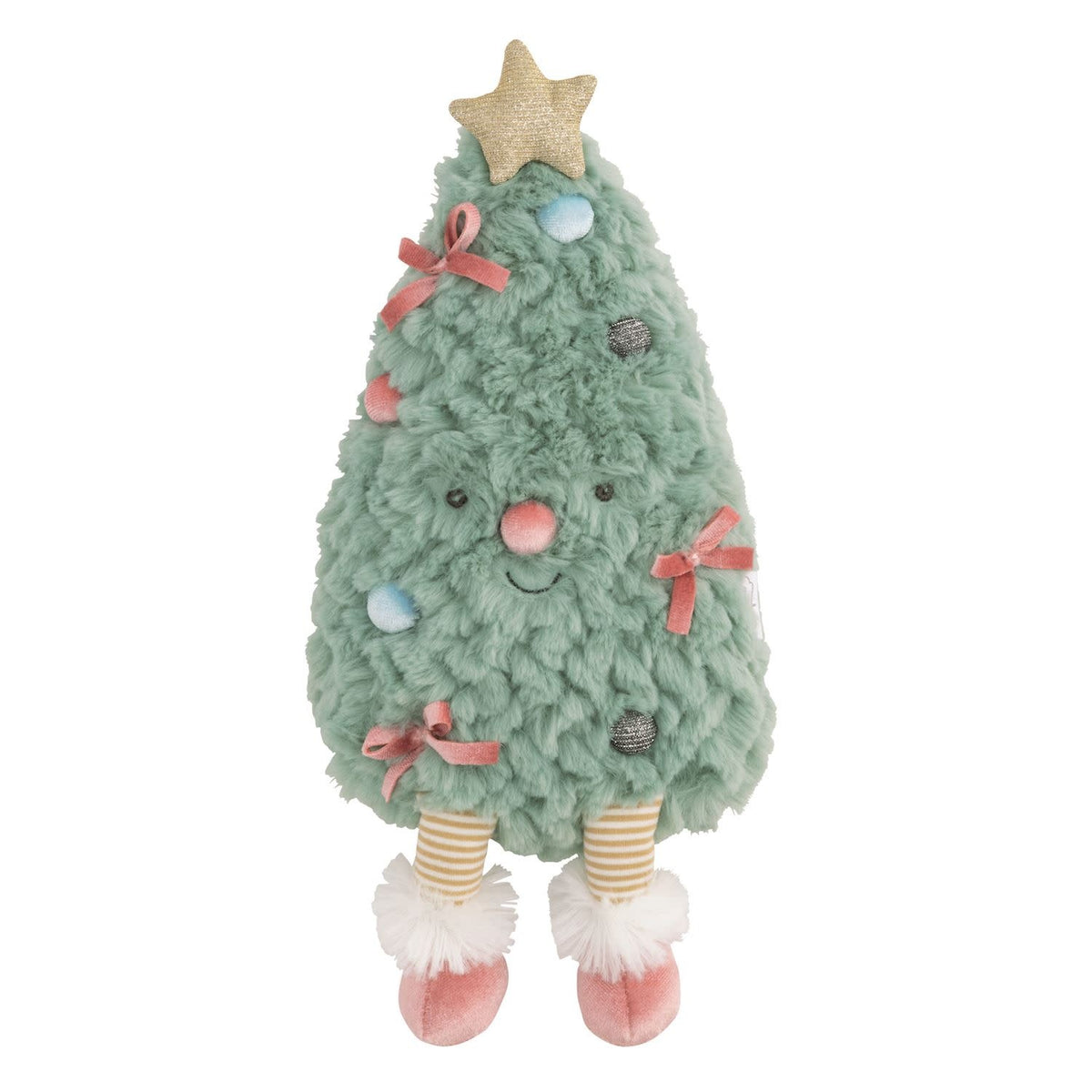Holiday Plush Pals faux fur tree ornament with weighted seat in a cotton rope basket.