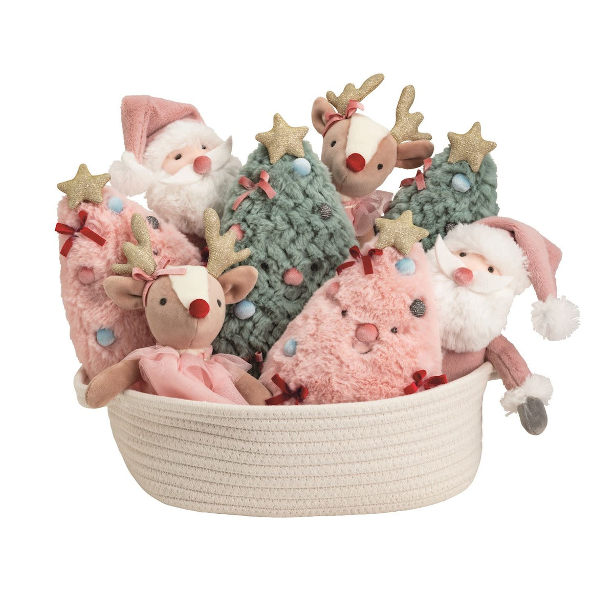 Holiday Plush Pals: faux fur stuffed animal with weighted seat in cotton rope basket