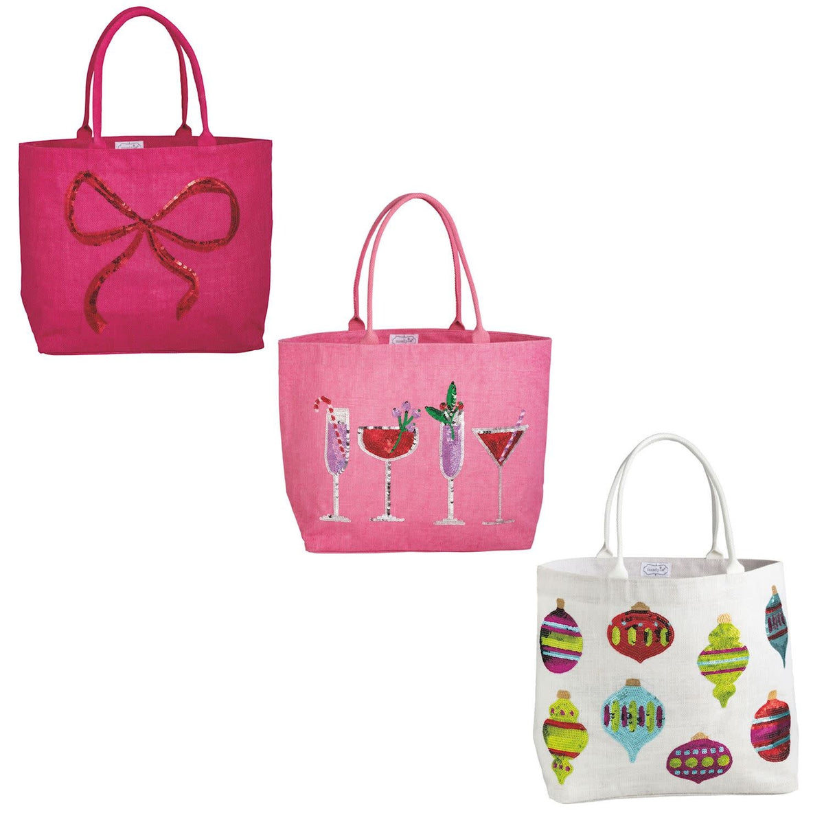 Holiday Sparkle Tote bag made from sequin jute with cotton handles.