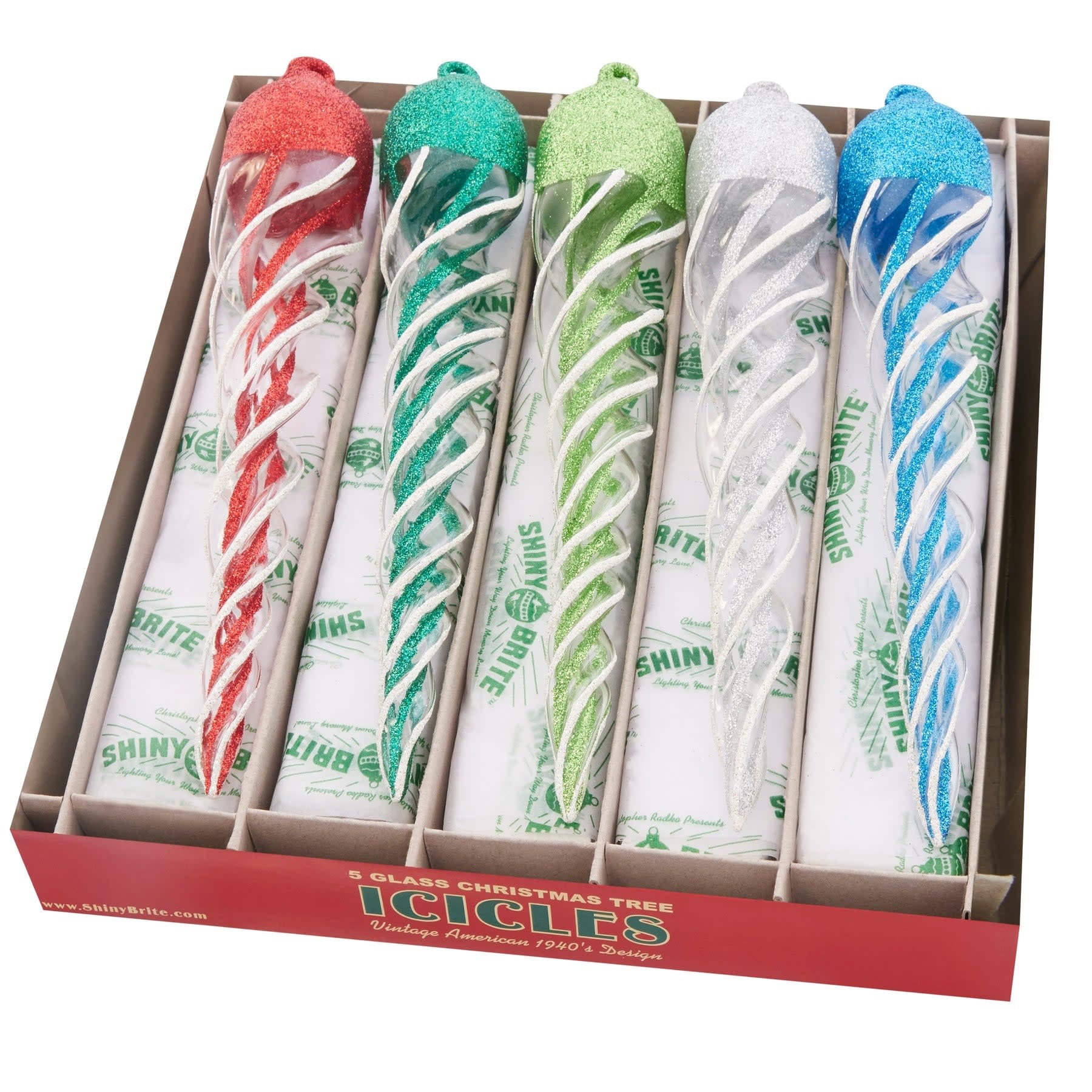Five vintage-style glass icicle ornaments in holiday splendor colors with glittering finish.