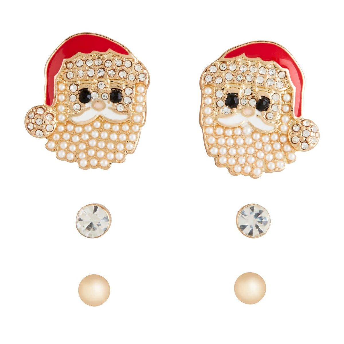 Santa-themed holiday stud earrings with red rhinestones on silver metal posts.