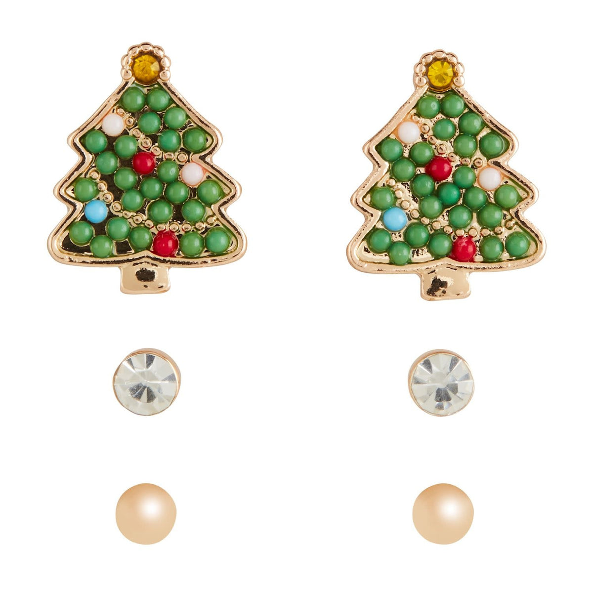 Set of three holiday stud earrings featuring colored pave rhinestones on metal posts.