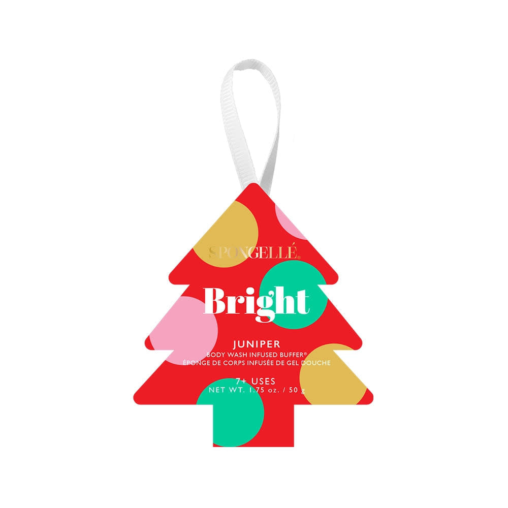 Holiday Tree Ornament Body Wash Infused Buffer shaped like a green Christmas tree with hanging ribbon