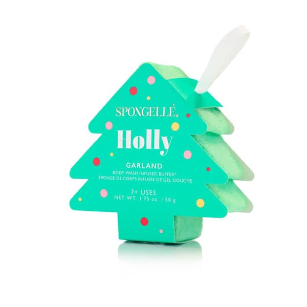 Holiday Tree Ornament Body Wash Infused Buffer shaped like a green Christmas tree with hanging ribbon.