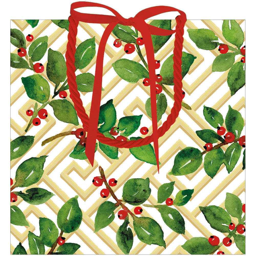 Small square Holly & Fretwork gift bag with cheerful colorful print pattern on durable paper.
