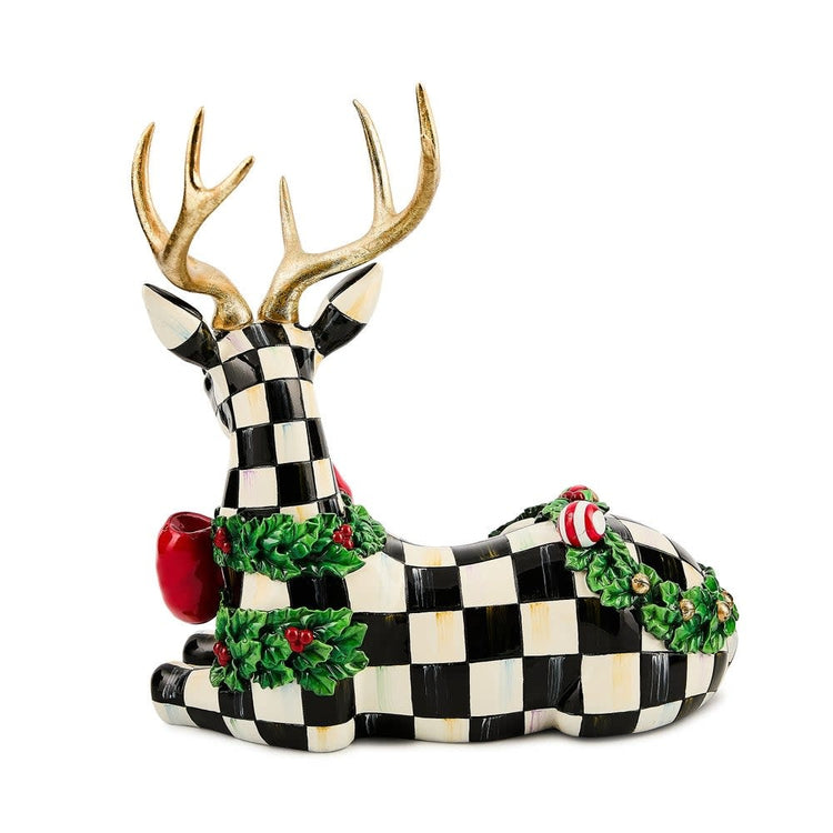 Resin deer figurine with Courtly Checks holly accents in a resting silhouette.