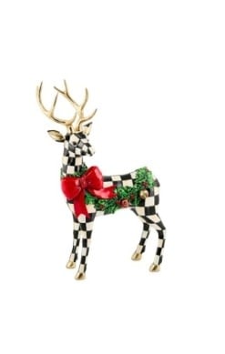 Resin standing deer figurine with holly check pattern in festive red and green tones.