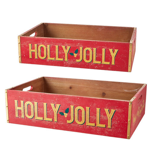 Wooden storage crate with gold Holly Jolly text on front