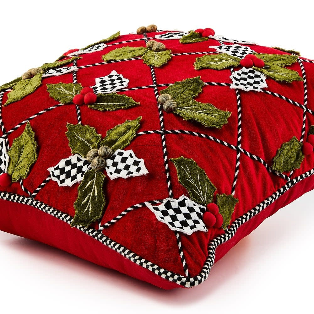 Square holly lattice throw pillow with black and white striped background on viscose cotton blend fabric.