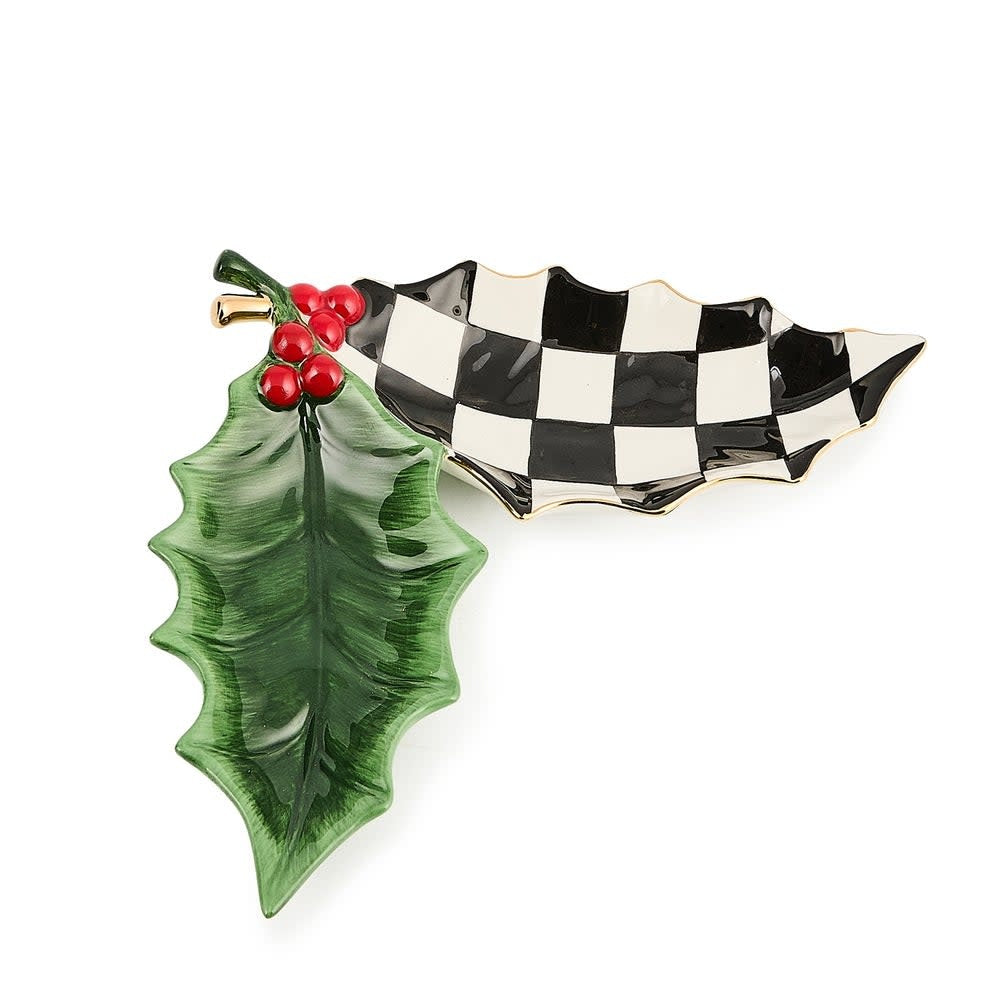 Ceramic trinket tray with a holly leaf relief pattern in dark green and cream tones.