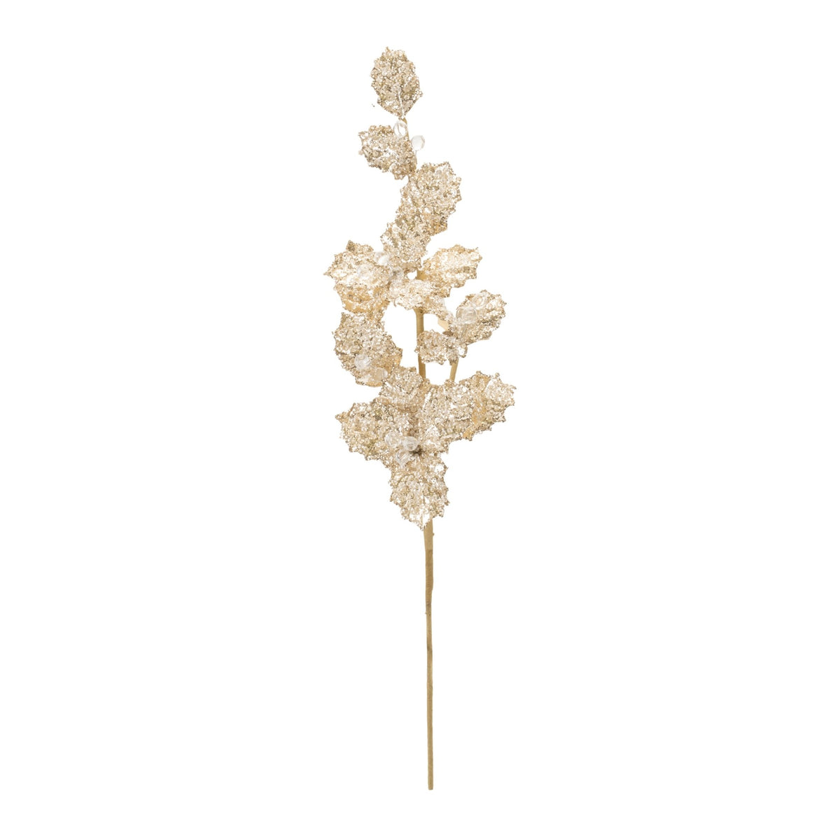 24-inch tall decorative holly spray covered in gold glitter with polyester and plastic leaves.