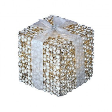 LED battery-operated gift box covered in sparkling faux diamonds with a silver ribbon and bow.