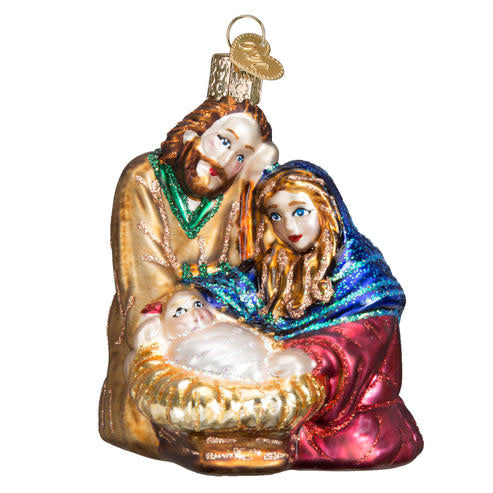Gold Holy Family ornament featuring Mary, Joseph, baby Jesus in a manger, and the Star above.