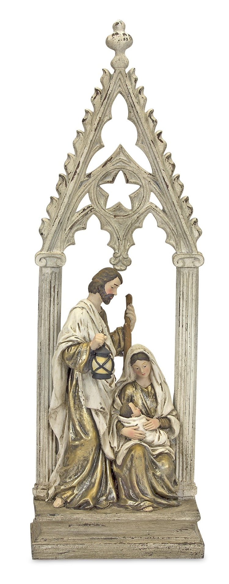 Resin Holy Family figurine with Mary, Joseph, Baby Jesus, and decorative arch in cream finish.