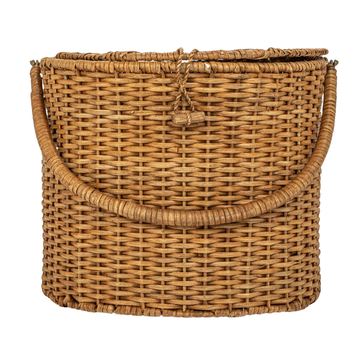 Oval rattan wicker picnic basket with open side compartment and two handles