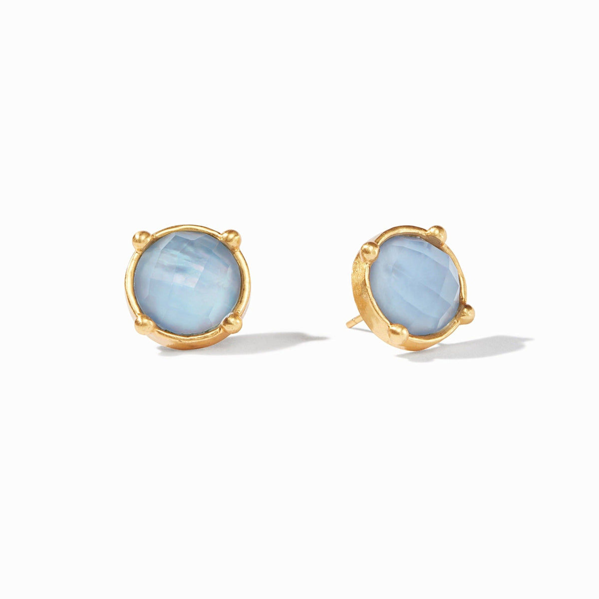 Gold-plated honey stud earring with hammered bezel setting featuring rose-cut imported glass gemstone and gold raised beads.