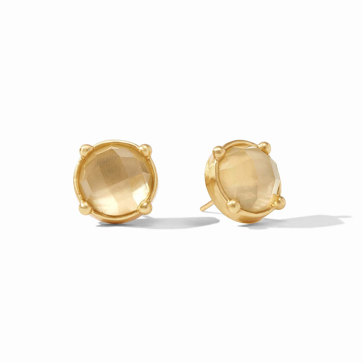Honey Stud Gold earring with rose-cut imported glass gemstone in a lightly hammered gold bezel setting.