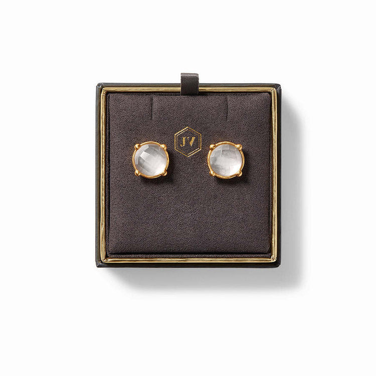 Gold honey-stud earring with rose-cut glass gemstone and hammered bezel setting.