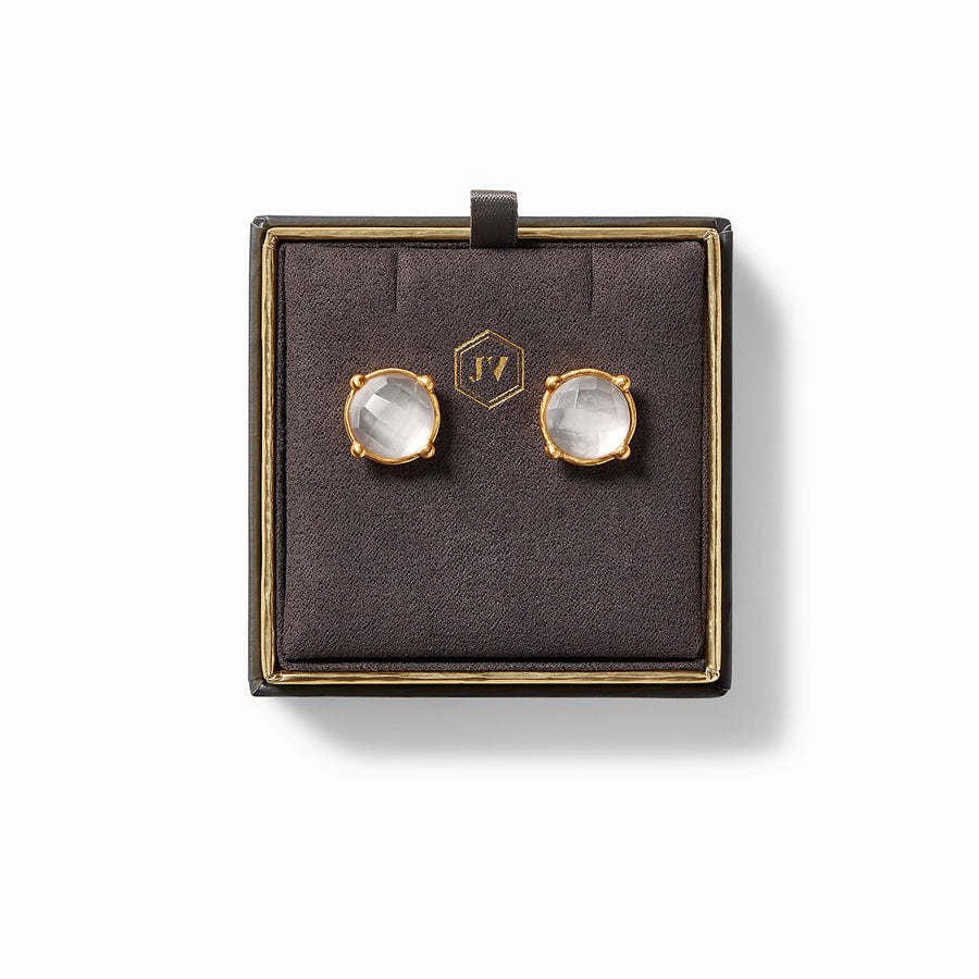 Gold honey-stud earring with rose-cut glass gemstone and hammered bezel setting.