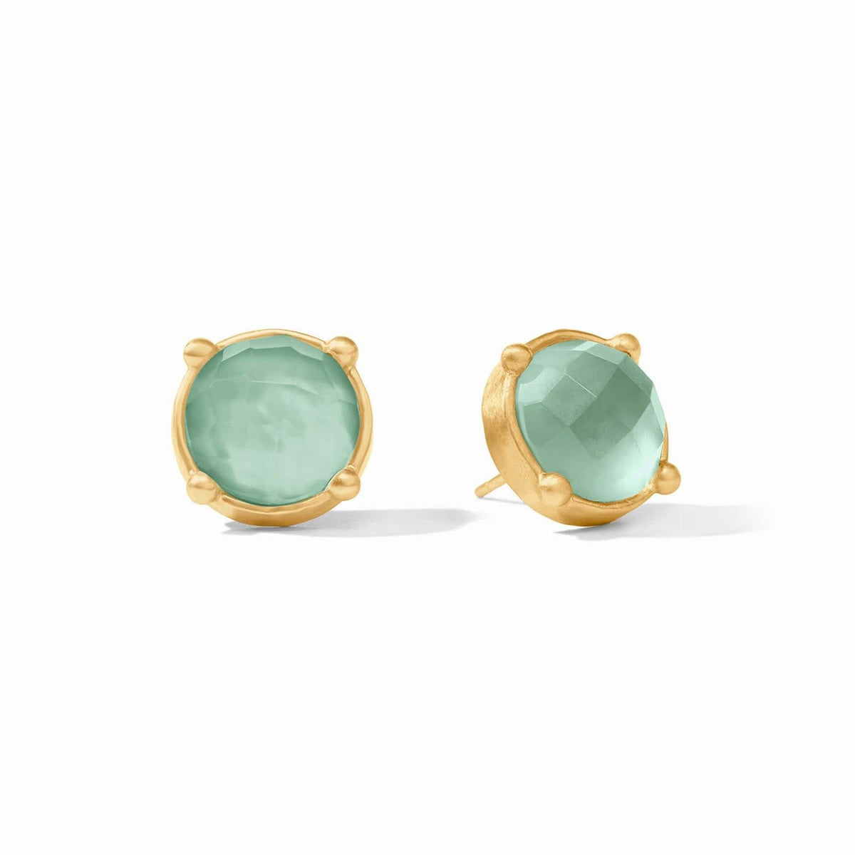 Honey Stud Gold earring with iridescent aquamarine blue rose-cut glass stone and hammered gold bezel.