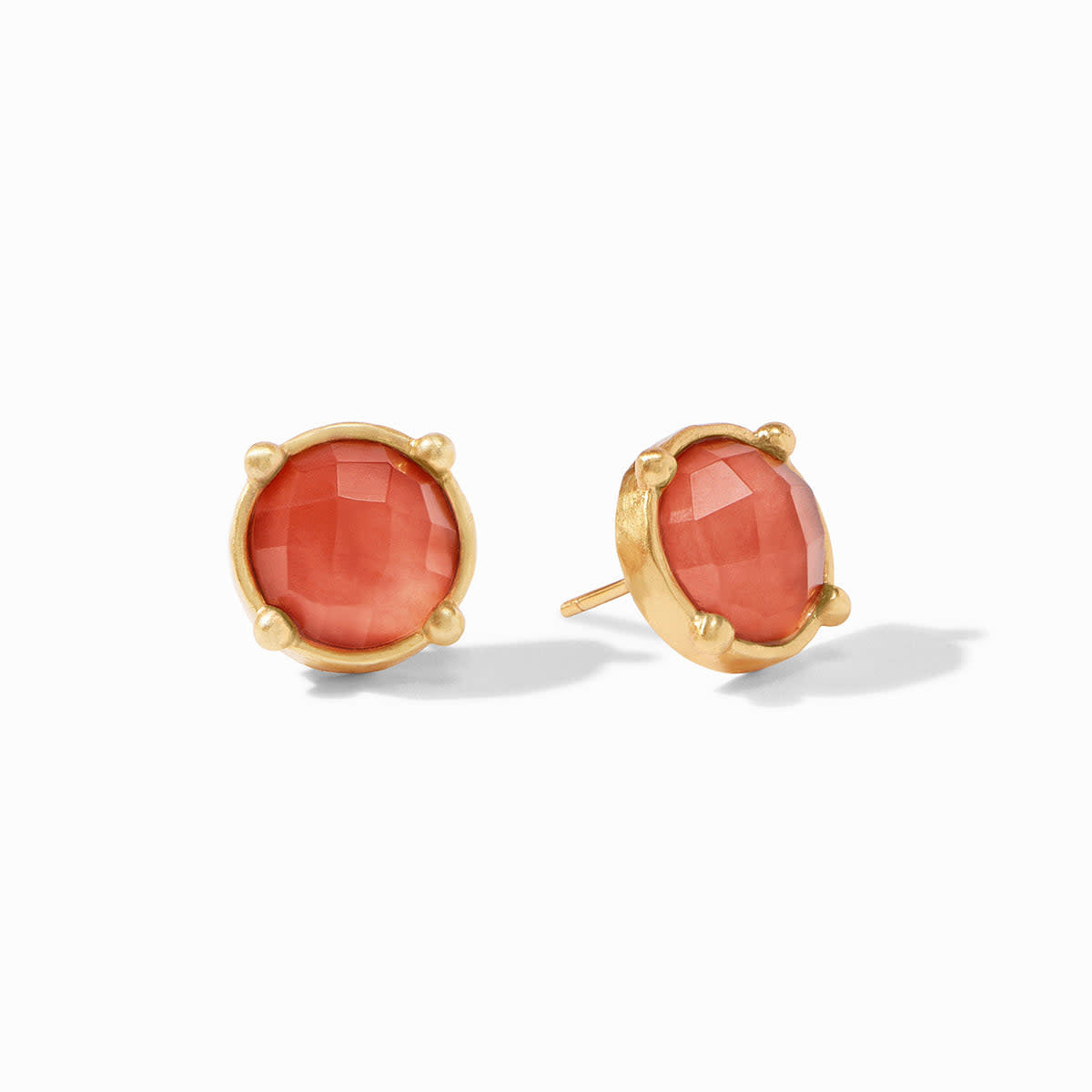 Honey Stud Gold earring featuring a rose-cut iridescent coral glass gemstone in a hammered gold bezel with raised beads.