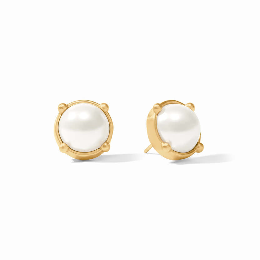 Honey gold stud earring with rose-cut glass gemstone in a hammered bezel setting featuring raised beads.