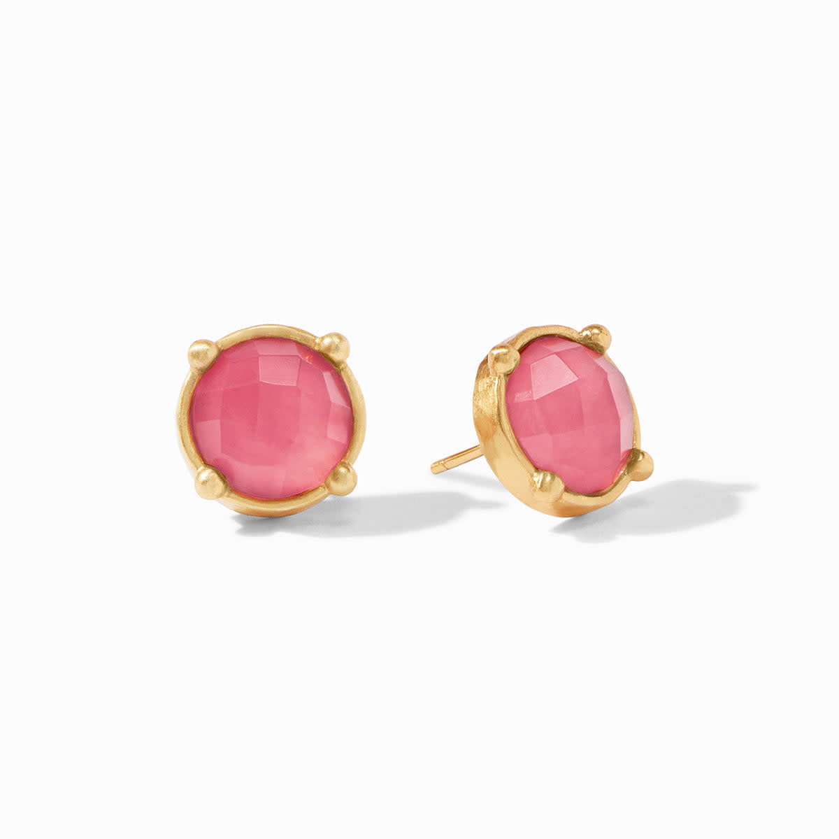 Honey Stud Gold earring with rose cut glass gemstone in hammered gold bezel and mother of pearl accent