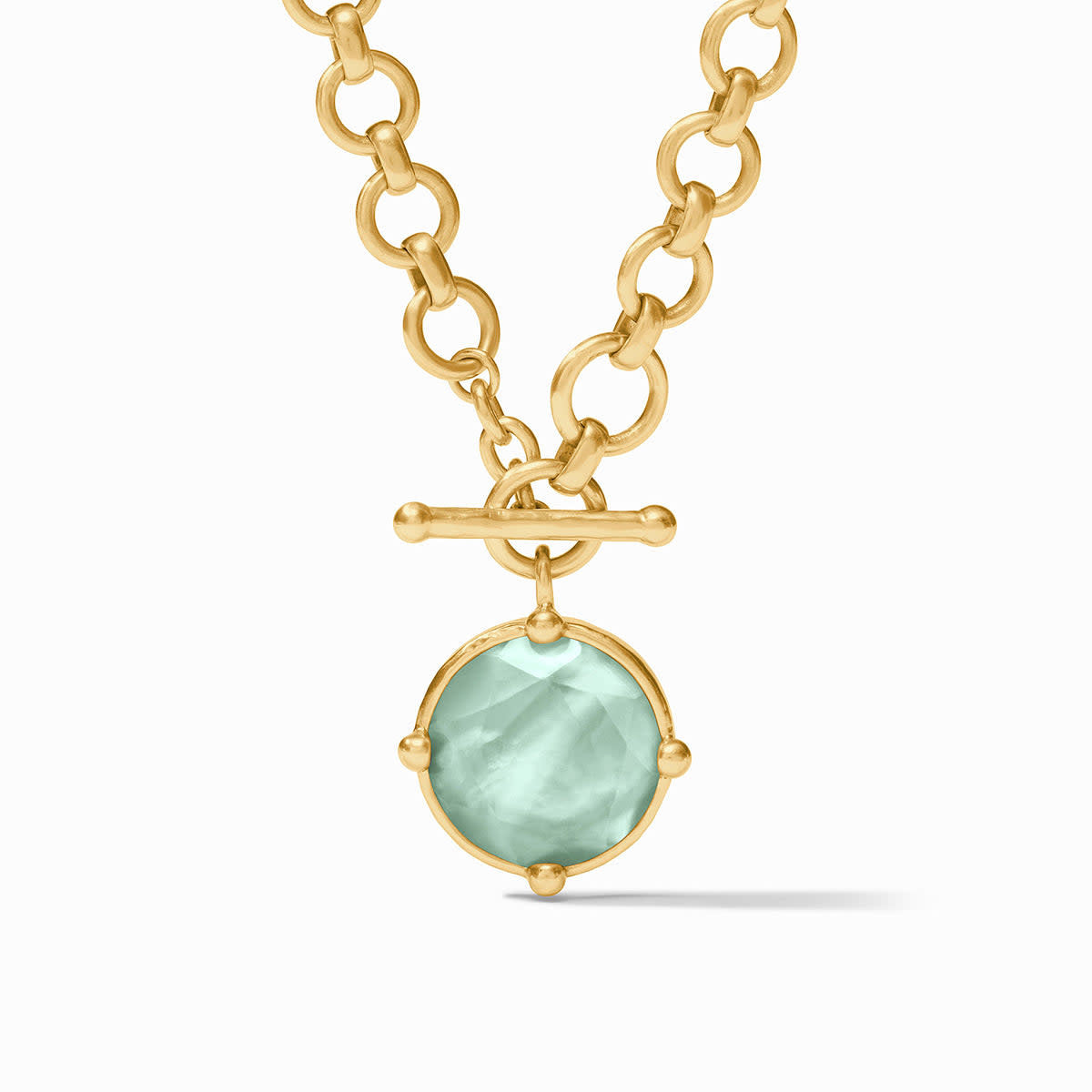 Adjustable demi necklace with iridescent aquamarine blue rose-cut stone pendant featuring bead accents and a bas-relief bee.