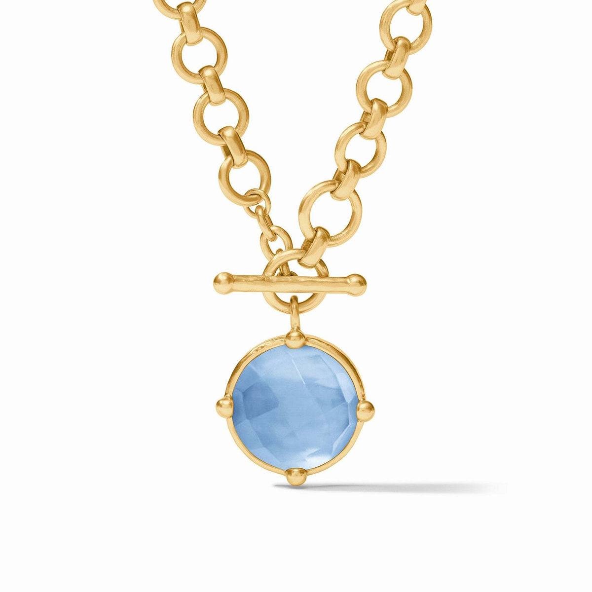 Adjustable honeybee demi necklace with iridescent blue chalcedony rose-cut stone and bead accents.