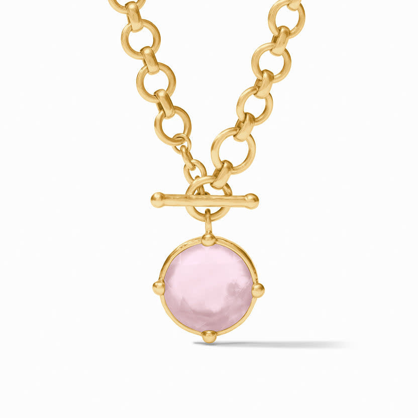 Iridescent rose gold Honeybee Demi Necklace with adjustable chain; flip pendant shows bas relief bee and bead accents.