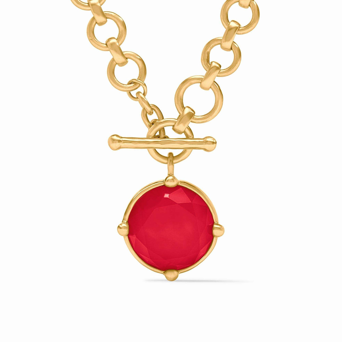 Iridescent strawberry demi necklace featuring a rose cut stone with beads on one side and a bas relief bee design.