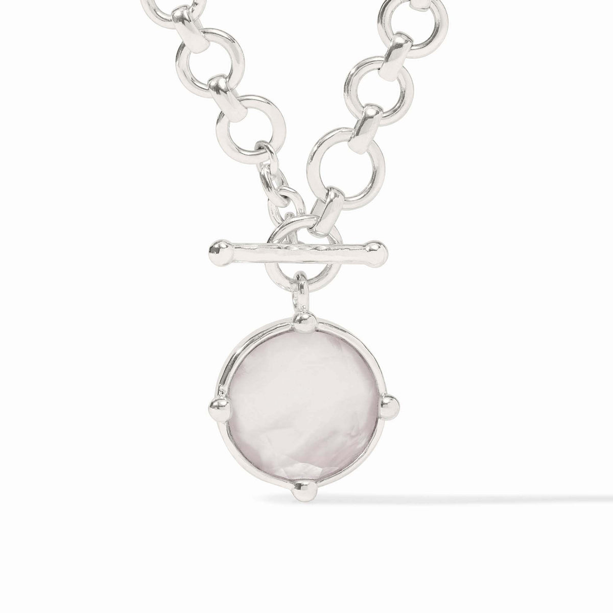 Silver adjustable demi necklace with rose cut stone and bas relief bee pendant.
