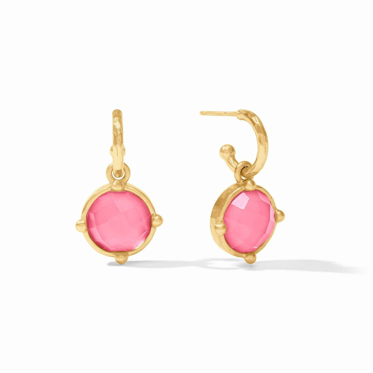 Iridescent peony pink honeybee hoop earring with charm detail